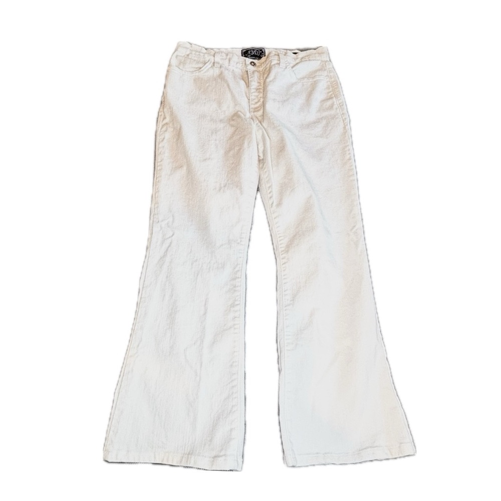 NYDJ Women’s Size 12P Premium Denim White. Flared Legs and Embellished Pockets